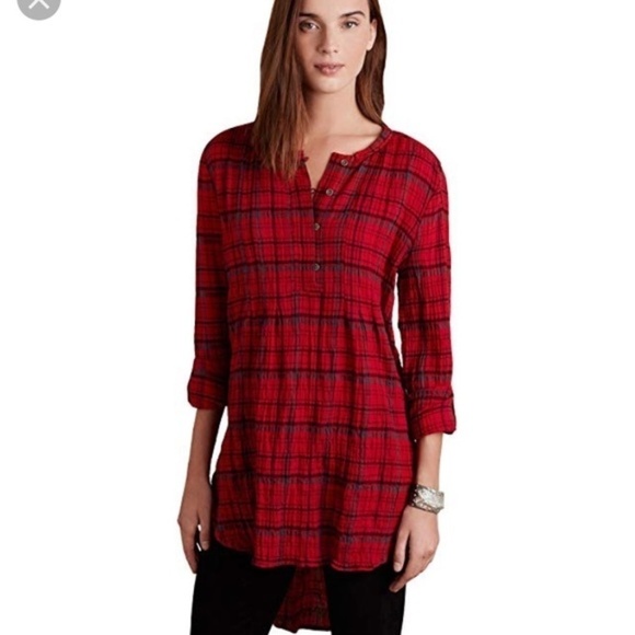 🦋  ANTHROPOLOGIE HOLDING HORSES Red Flannel Tunic XS Penny Plaid Henley Top - Picture 6 of 6